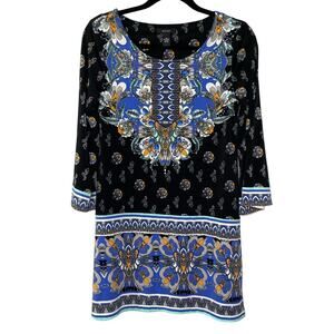 Alfani Boho Paisley Long Sleeve Scoop Neck‎ Knee Length Dress Black Women's XS
